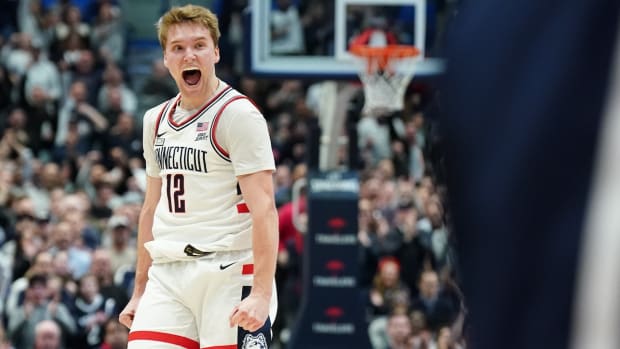 UConn Huskies guard Cam Spencer reacts after a play against the Butler Bulldogs in the first half at XL Center in Hartford, Conn., on Feb. 6, 2024.
